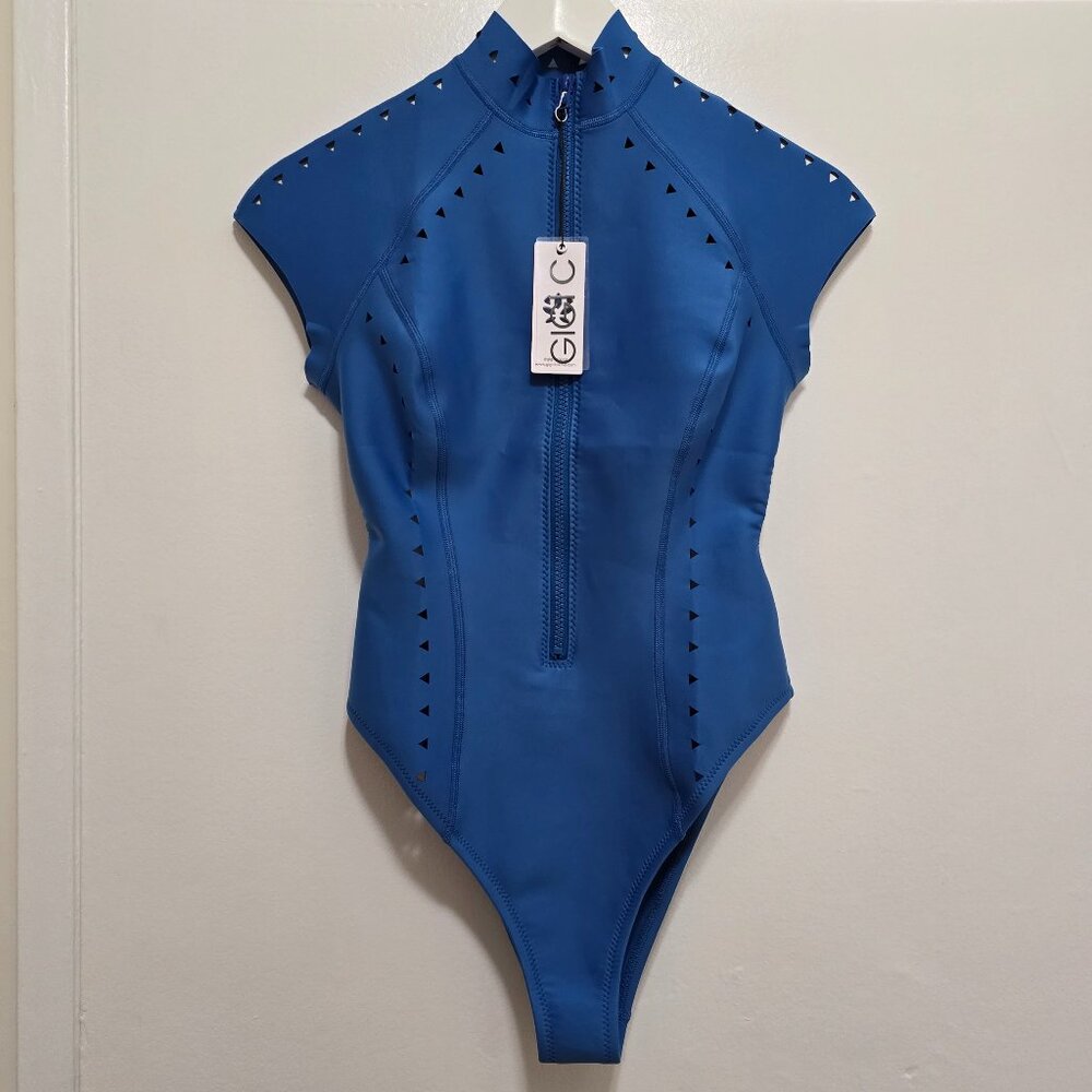 GIGI C Blue Cap Sleeve Zip-Front One-Piece Swimsuit